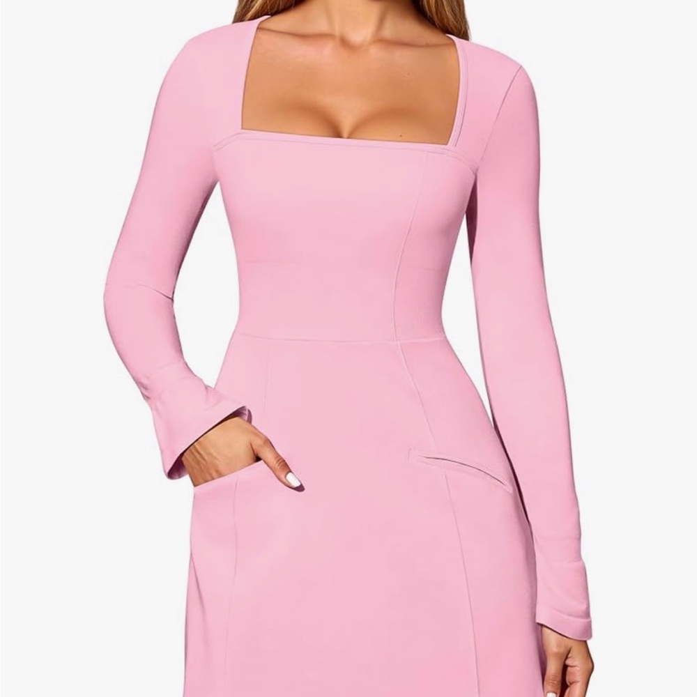 Fitted Square-Neck Long Sleeve Pink Midi Dress